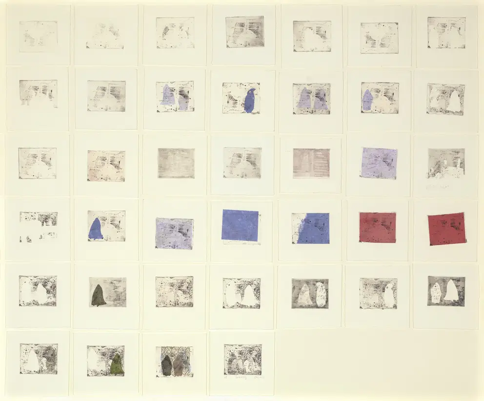 Kat Rae, Reckoning&nbsp;(2021, 39 photographic etchings with chine collé and stencilling on Somerset, overall: 1342 mm x 1603 mm) AWM2022.1307.1